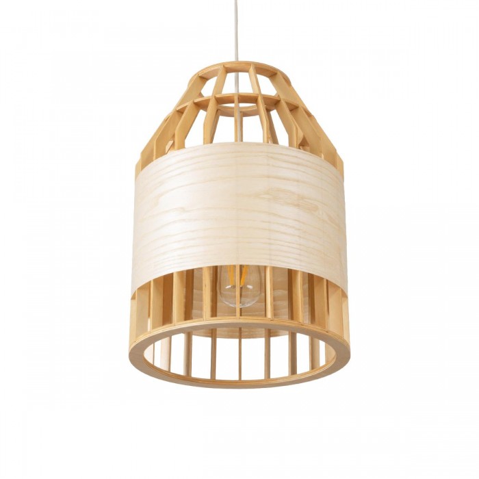 GloboStar® GALIA 02219 Boho Κρεμαστό Φωτιστικό Πλέγμα Μονόφωτο 1 x E27 IP20 Μπεζ & Καφέ Ξύλο - Μ30 x Π30 x Υ40cm