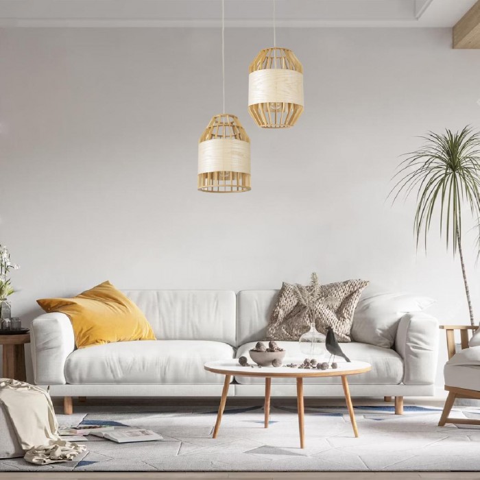 GloboStar® GALIA 02220 Boho Κρεμαστό Φωτιστικό Οροφής Μονόφωτο 1 x E27 AC220-240V IP20 - Φ30 x Υ40cm - Μπεζ Ξύλινο Μπαμπού Πλέγμα