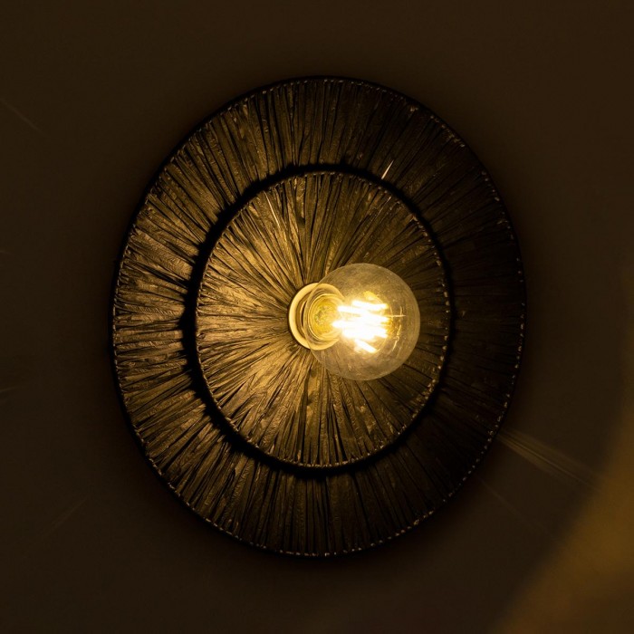 GloboStar® COLOMBO 02280 Boho Φωτιστικό Τοίχου - Απλίκα Μονόφωτο 1 x E27 AC 220-240V IP20 - Φ40 x Υ4.5cm - Μαύρη Φυσική Ράφια Άχυρο Πλέγμα