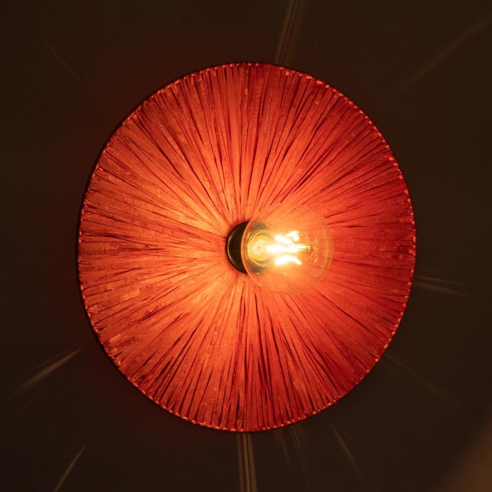 GloboStar® COLOMBO 02281 Boho Φωτιστικό Τοίχου - Απλίκα Μονόφωτο 1 x E27 AC 220-240V IP20 - Φ40 x Υ9cm - Κόκκινη Φυσική Ράφια Άχυρο Πλέγμα