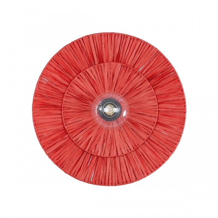 GloboStar® COLOMBO 02282 Boho Φωτιστικό Τοίχου - Απλίκα Μονόφωτο 1 x E27 AC 220-240V IP20 - Φ40 x Υ9cm - Κόκκινη Φυσική Ράφια Άχυρο Πλέγμα