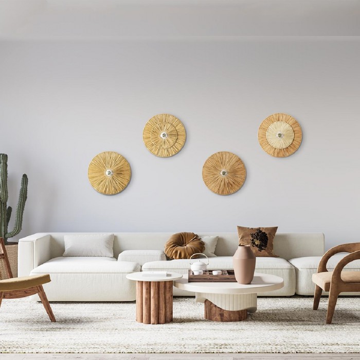 GloboStar® COLOMBO 02284 Boho Επιτοίχιο Φωτιστικό Απλίκα Μονόφωτο 1 x E27 IP20 Μπεζ Ράφια - Μ40 x Π40 x Υ9cm