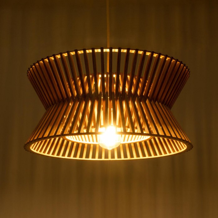 GloboStar® BIMINI 02287 Boho Κρεμαστό Φωτιστικό Οροφής Μονόφωτο 1 x E27 AC220-240V IP20 - Φ45 x Υ20cm - Καφέ Ξύλινο Πλέγμα Καμπάνα