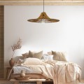 GloboStar® PALERMO 02310 Boho Κρεμαστό Φωτιστικό Οροφής Μονόφωτο 1 x E27 AC220-240V IP20 - Φ60 x Υ18cm - Μπεζ Καφέ Ξύλινο Μπαμπού Πλέγμα