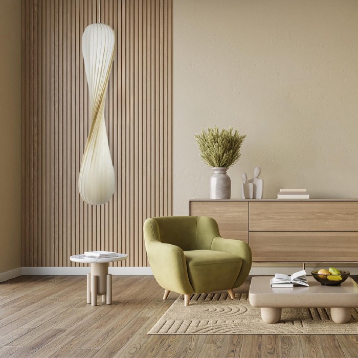 GloboStar® PRAIA 02317 Μοντέρνο Κρεμαστό Φωτιστικό Πλέγμα Δίφωτο 2 x E27 IP20 Μπεζ & Λευκό Ξύλο - Μ25 x Π25 x Υ145cm