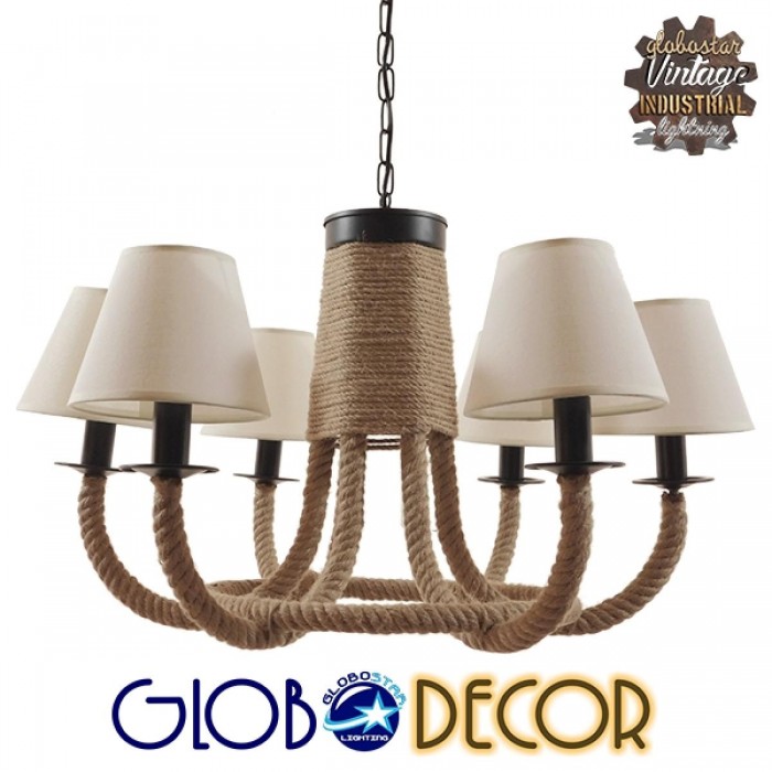 GloboStar® VERONE 10001020 Vintage Industrial Κρεμαστό Φωτιστικό Οροφής Πολύφωτο 6 x E14 Μαύρο Μεταλλικό Πολυέλαιος με Μπεζ Σχοινί Φ65 x Y45cm GloboStar® VERONE 10001020 Vintage Industrial Κρεμαστό Φωτιστικό Οροφής Πολύφωτο 6 x E14 Μαύρο Μεταλλικό Πολυέλαιος με Μπεζ Σχοινί Φ65 x Y45cm