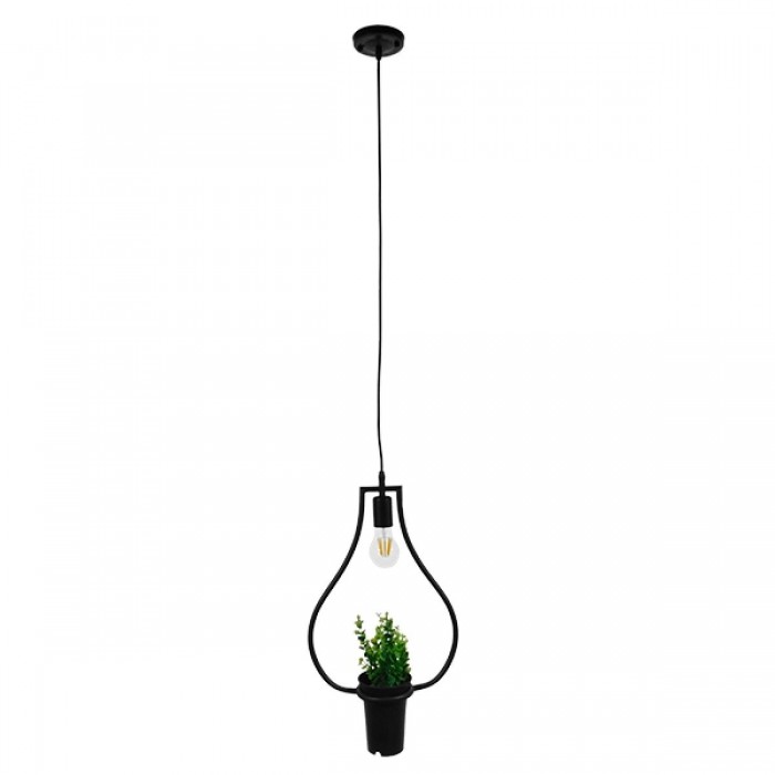 GloboStar® FLOWERPOT 10001210 Μοντέρνο Κρεμαστό Φωτιστικό Οροφής Μονόφωτο 1 x E27 Μαύρο Μεταλλικό με Διακοσμητικό Φυτό Φ27 x Y40cm