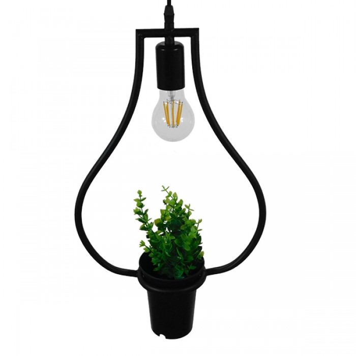 GloboStar® FLOWERPOT 10001210 Μοντέρνο Κρεμαστό Φωτιστικό Οροφής Μονόφωτο 1 x E27 Μαύρο Μεταλλικό με Διακοσμητικό Φυτό Φ27 x Y40cm