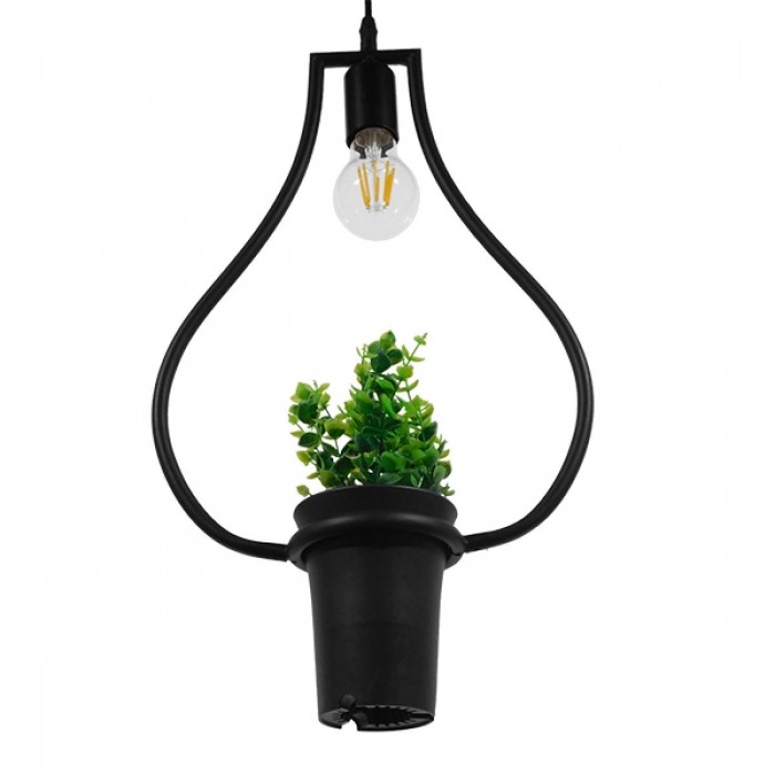 GloboStar® FLOWERPOT 10001210 Μοντέρνο Κρεμαστό Φωτιστικό Οροφής Μονόφωτο 1 x E27 Μαύρο Μεταλλικό με Διακοσμητικό Φυτό Φ27 x Y40cm