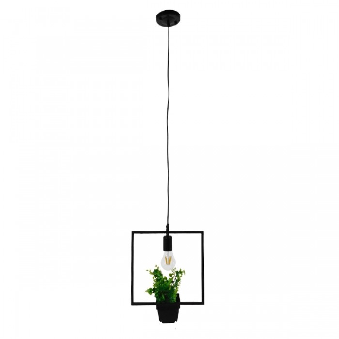 GloboStar® FLOWERPOT 10001211 Μοντέρνο Κρεμαστό Φωτιστικό Οροφής Μονόφωτο 1 x E27 Μαύρο Μεταλλικό με Διακοσμητικό Φυτό Φ30 x Y30cm