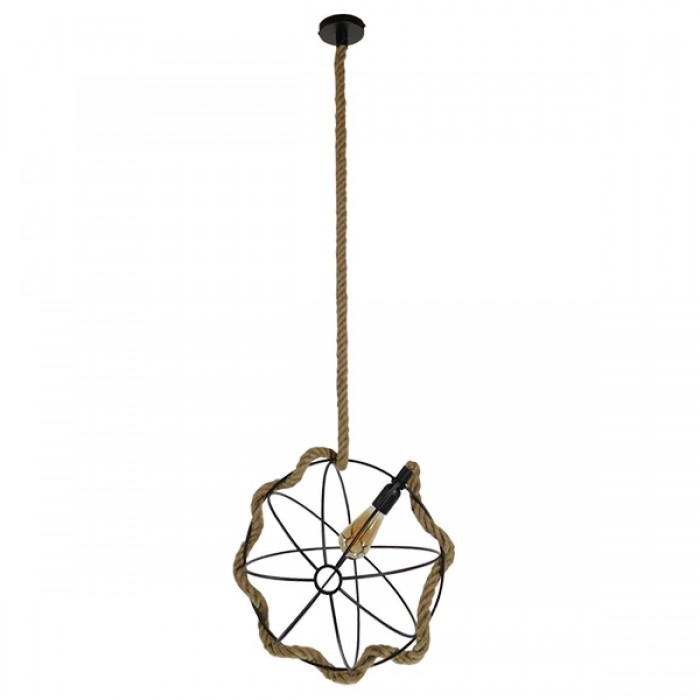 GloboStar® BRADLEY 10001329 Vintage Industrial Κρεμαστό Φωτιστικό Οροφής Μονόφωτο 1 x E27 Πλέγμα με Μπεζ Σχοινί Φ42 x Υ42cm