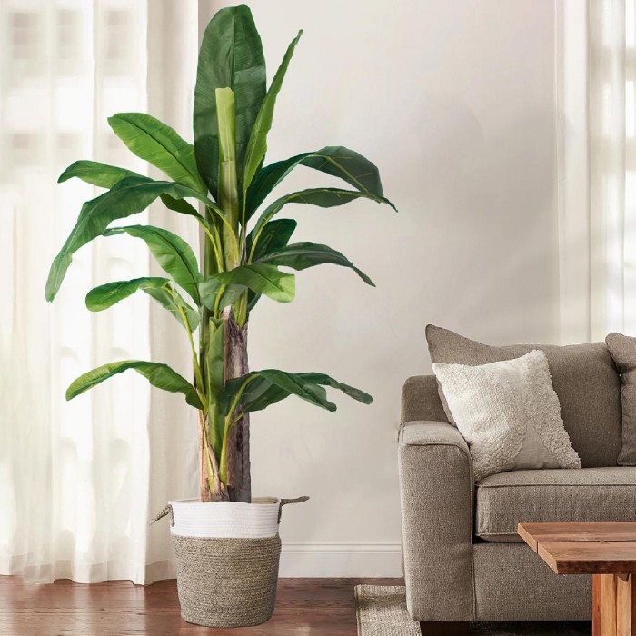 GloboStar® Artificial Garden CHALKI 20200 Διακοσμητικό Πλεκτό Καλάθι - Κασπώ Γλάστρα - Flower Pot  Μπεζ Σκούρο με Λευκό Π35cm x Υ40cm