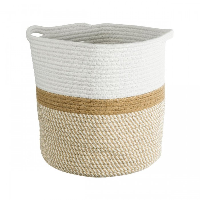 GloboStar® Artificial Garden ITHAKI 20325 Διακοσμητικό Πλεκτό Καλάθι - Κασπώ Γλάστρα - Flower Pot Μπεζ με Λευκό Φ30 x Υ30cm