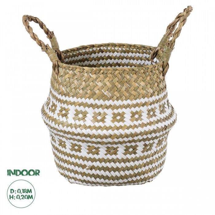 GloboStar® Artificial Garden SYMI 20338 Διακοσμητικό Ψάθινο Καλάθι - Κασπώ Γλάστρα - Flower Pot Μπεζ με Λευκό Φ18cm x Υ20cm