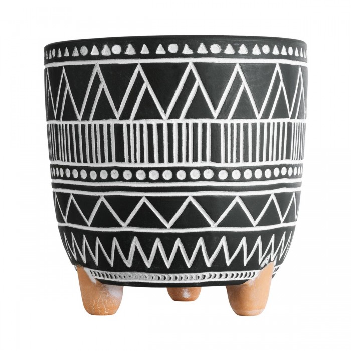 GloboStar® Artificial Garden NAIROBI 20509 Διακοσμητικό Κεραμικό Κασπώ Γλάστρα - Flower Pot Μαύρο με Λευκό Φ16 x Υ16cm