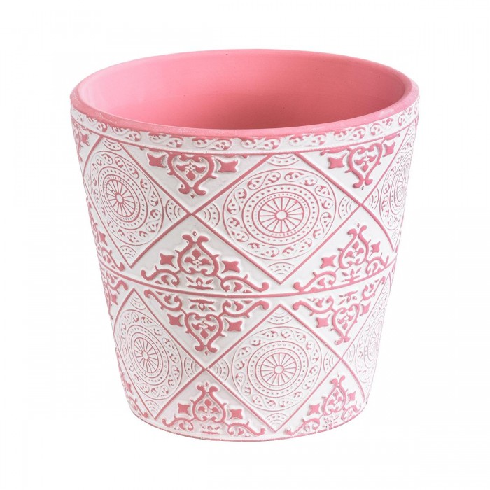GloboStar® Artificial Garden CAIRO 20516 Διακοσμητικό Κεραμικό Κασπώ Γλάστρα - Flower Pot Λευκό με Ροζ Φ14 x Υ13cm