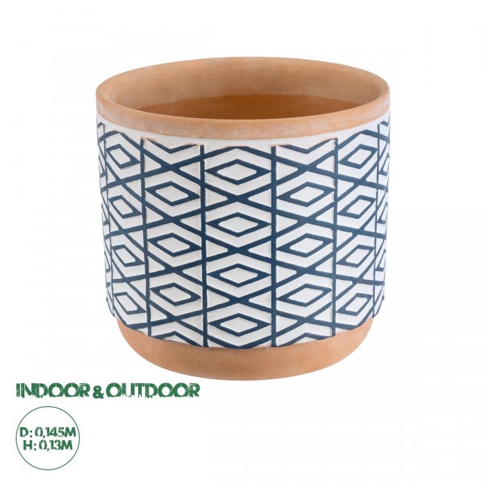 GloboStar® Artificial Garden KOLKATA 20525 Διακοσμητικό Κεραμικό Κασπώ Γλάστρα - Flower Pot Λευκό με Μπλε και Μπεζ Φ14.5 x Υ13cm