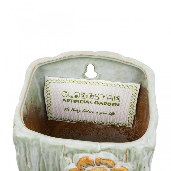 GloboStar® Artificial Garden BILBAO 20536 Διακοσμητικό Κεραμική Επιτοίχια Γλάστρα Πράσινη με Μπεζ Λεπτομέρειες Μ13 x Π10  x Υ17cm