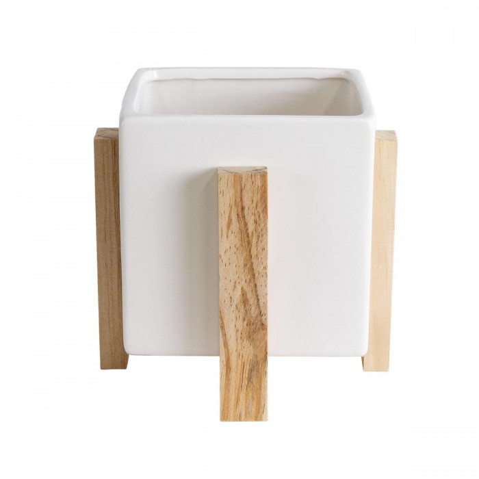 GloboStar® Artificial Garden VALETA 20541 Διακοσμητικό Κεραμικό Κασπώ Γλάστρα - Flower Pot Λευκό με Μπεζ Ξύλο Φ16 x Υ16cm