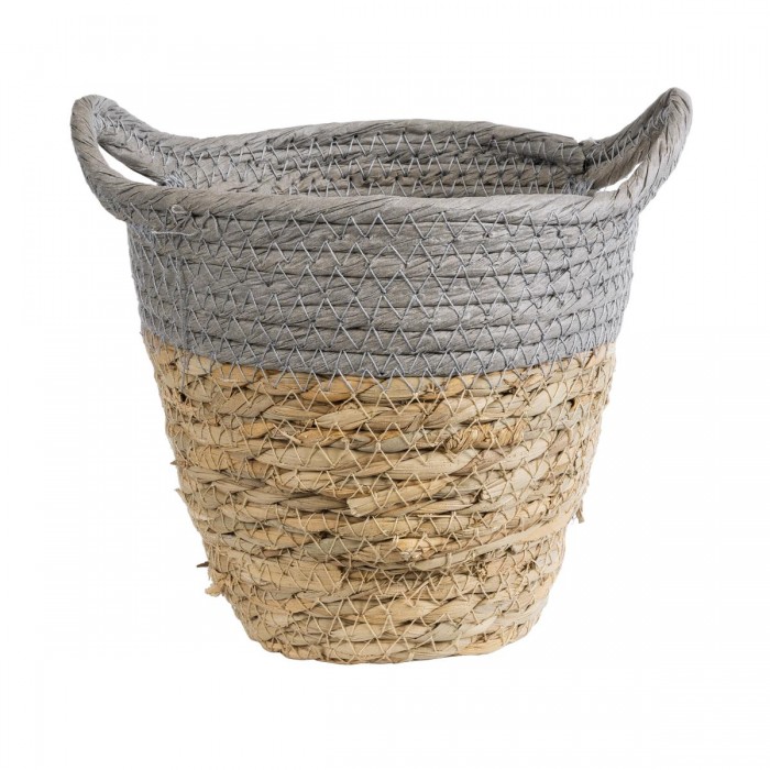 GloboStar® Artificial Garden SYROS 20570 Διακοσμητικό Πλεκτό Κασπώ Γλάστρα - Flower Pot Μπεζ με Γκρι Φ17 x Υ16cm