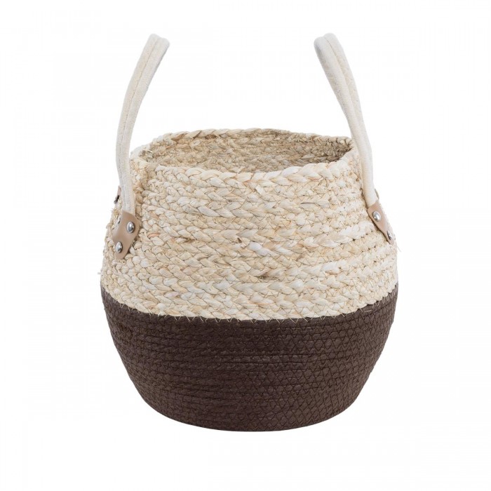 GloboStar® Artificial Garden CAROLINA 20579 Διακοσμητικό Πλεκτό Κασπώ Γλάστρα - Flower Pot Μπεζ με Καφέ και Λευκό Φ27 x Υ26cm