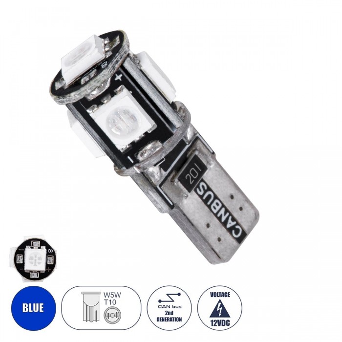 GloboStar® 25000 Λάμπα Αυτοκίνητου LED T10 W5W 2rd Generation Can-Bus Series 5xSMD5050 2.30W 240lm 360° DC 12-16V IP20 Φ1.1 x Υ2.7cm Μπλε GloboStar® 25000 Λάμπα Αυτοκίνητου LED T10 W5W 2rd Generation Can-Bus Series 5xSMD5050 2.30W 240lm 360° DC 12-16V IP20 Φ1.1 x Υ2.7cm Μπλε