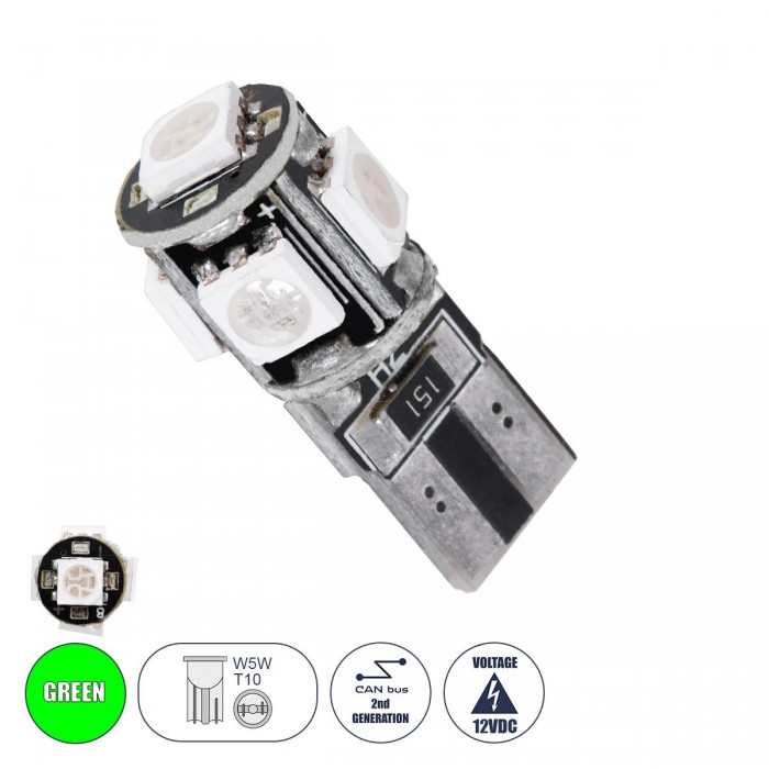 GloboStar® 25001 Λάμπα Αυτοκίνητου LED T10 W5W 2rd Generation Can-Bus Series 5xSMD5050 2.30W 240lm 360° DC 12-16V IP20 Φ1.1 x Υ2.7cm Πράσινο GloboStar® 25001 Λάμπα Αυτοκίνητου LED T10 W5W 2rd Generation Can-Bus Series 5xSMD5050 2.30W 240lm 360° DC 12-16V IP20 Φ1.1 x Υ2.7cm Πράσινο