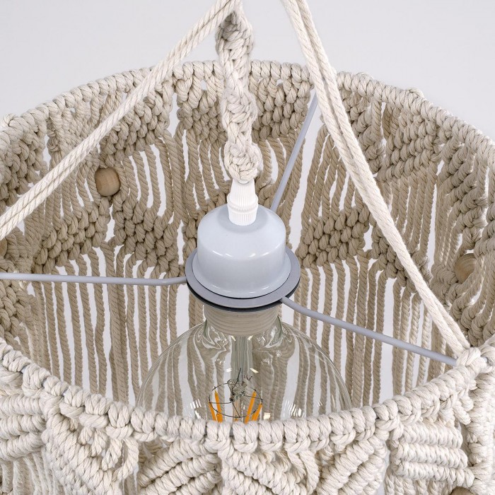 GloboStar® CONGO 36206 Boho Κρεμαστό Φωτιστικό Μακραμέ Μονόφωτο 1 x E27 IP20 Μπεζ Ύφασμα - Μ30 x Π30 x Υ50cm