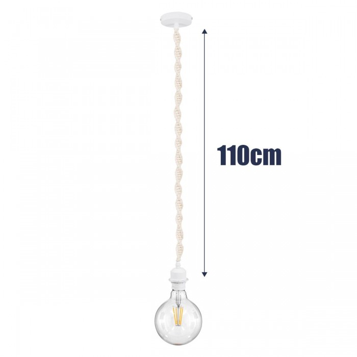 GloboStar® SHAQRA 36215 Μοντέρνο Κρεμαστό Φωτιστικό Μακραμέ Μονόφωτο 1 x E27 IP20 Μπεζ Ύφασμα - Μ4 x Π4 x Υ110cm