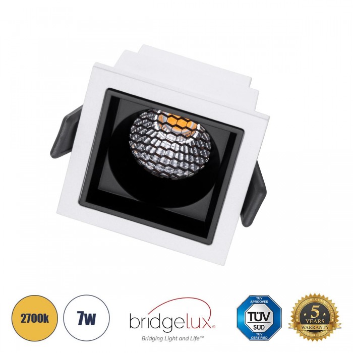 GloboStar® PLUTO-S 60265 Χωνευτό LED Spot Downlight TrimLess Μ6.4xΠ6.4cm 7W 875lm 38° AC 220-240V IP20 Μ6.4 x Π6.4 x Υ4.9cm - Τετράγωνο - Λευκό με Μαύρο Κάτοπτρο & Anti-Glare HoneyComb - Θερμό Λευκό 2700K - Bridgelux COB - 5 Years Warranty