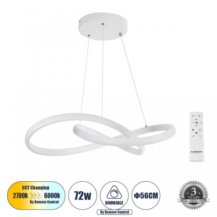 GloboStar® DEXTER 61050 Κρεμαστό Φωτιστικό Οροφής Design LED CCT 72W 8064lm 300° AC 220-240V - Εναλλαγή Φωτισμού μέσω Τηλεχειριστηρίου All In One Ψυχρό 6000k+Φυσικό 4500k+Θερμό 2700k Dimmable Φ56cm - Λευκό - 3 Years Warranty GloboStar® DEXTER 61050 Κρεμαστό Φωτιστικό Οροφής Design LED CCT 72W 8064lm 300° AC 220-240V - Εναλλαγή Φωτισμού μέσω Τηλεχειριστηρίου All In One Ψυχρό 6000k+Φυσικό 4500k+Θερμό 2700k Dimmable Φ56cm - Λευκό - 3 Years Warranty