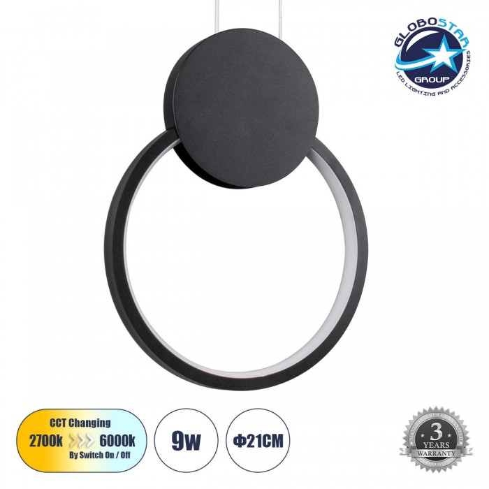 GloboStar® CYCLOS 61073 Κρεμαστό Φωτιστικό Οροφής Design LED CCT 9W 1080lm 300° AC 220-240V - Εναλλαγή Φωτισμού μέσω Διακόπτη On/Off All In One Ψυχρό 6000k+Φυσικό 4500k+Θερμό 2700k Μ21 x Π2.3 x Υ26.5cm - Μαύρο GloboStar® CYCLOS 61073 Κρεμαστό Φωτιστικό Οροφής Design LED CCT 9W 1080lm 300° AC 220-240V - Εναλλαγή Φωτισμού μέσω Διακόπτη On/Off All In One Ψυχρό 6000k+Φυσικό 4500k+Θερμό 2700k Μ21 x Π2.3 x Υ26.5cm - Μαύρο