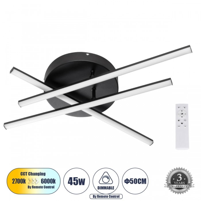 GloboStar® DRACO 61093 Φωτιστικό Οροφής Γραμμικό Linear Design LED CCT 45W 5535lm 120° AC 220-240V - Εναλλαγή Φωτισμού μέσω Τηλεχειριστηρίου All In One Ψυχρό 6000k+Φυσικό 4500k+Θερμό 2700k Dimmable Φ50 x Υ11cm - Μαύρο - 3 Years Warranty