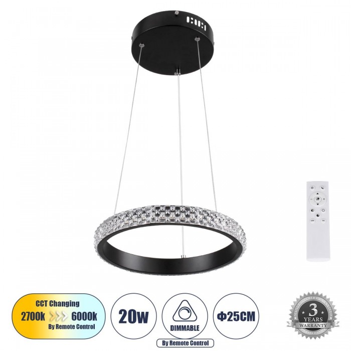 GloboStar® DIAMOND 61126 Κρεμαστό Φωτιστικό Δαχτυλίδι-Κύκλος LED CCT 20W 2356lm 360° AC 220-240V - Εναλλαγή Φωτισμού μέσω Τηλεχειριστηρίου All In One Ψυχρό 6000k+Φυσικό 4500k+Θερμό 2700k Dimmable Φ25cm - Μαύρο - 3 Years Warranty GloboStar® DIAMOND 61126 Κρεμαστό Φωτιστικό Δαχτυλίδι-Κύκλος LED CCT 20W 2356lm 360° AC 220-240V - Εναλλαγή Φωτισμού μέσω Τηλεχειριστηρίου All In One Ψυχρό 6000k+Φυσικό 4500k+Θερμό 2700k Dimmable Φ25cm - Μαύρο - 3 Years Warranty