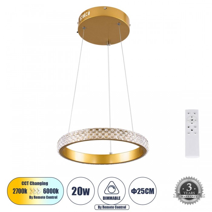 GloboStar® DIAMOND 61127 Κρεμαστό Φωτιστικό Δαχτυλίδι-Κύκλος LED CCT 20W 2356lm 360° AC 220-240V - Εναλλαγή Φωτισμού μέσω Τηλεχειριστηρίου All In One Ψυχρό 6000k+Φυσικό 4500k+Θερμό 2700k Dimmable Φ25cm - Χρυσό Βούρτσας - 3 Years Warranty GloboStar® DIAMOND 61127 Κρεμαστό Φωτιστικό Δαχτυλίδι-Κύκλος LED CCT 20W 2356lm 360° AC 220-240V - Εναλλαγή Φωτισμού μέσω Τηλεχειριστηρίου All In One Ψυχρό 6000k+Φυσικό 4500k+Θερμό 2700k Dimmable Φ25cm - Χρυσό Βούρτσας - 3 Years Warranty