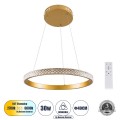 GloboStar® DIAMOND 61129 Κρεμαστό Φωτιστικό Δαχτυλίδι-Κύκλος LED CCT 30W 3513lm 360° AC 220-240V - Εναλλαγή Φωτισμού μέσω Τηλεχειριστηρίου All In One Ψυχρό 6000k+Φυσικό 4500k+Θερμό 2700k Dimmable Φ40cm - Χρυσό Βούρτσας - 3 Years Warranty