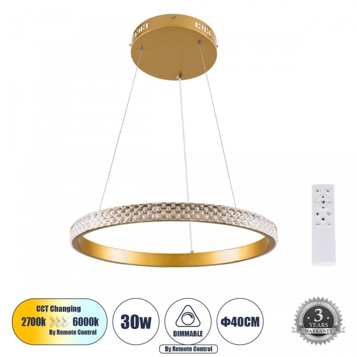 GloboStar® DIAMOND 61129 Κρεμαστό Φωτιστικό Δαχτυλίδι-Κύκλος LED CCT 30W 3513lm 360° AC 220-240V - Εναλλαγή Φωτισμού μέσω Τηλεχειριστηρίου All In One Ψυχρό 6000k+Φυσικό 4500k+Θερμό 2700k Dimmable Φ40cm - Χρυσό Βούρτσας - 3 Years Warranty GloboStar® DIAMOND 61129 Κρεμαστό Φωτιστικό Δαχτυλίδι-Κύκλος LED CCT 30W 3513lm 360° AC 220-240V - Εναλλαγή Φωτισμού μέσω Τηλεχειριστηρίου All In One Ψυχρό 6000k+Φυσικό 4500k+Θερμό 2700k Dimmable Φ40cm - Χρυσό Βούρτσας - 3 Years Warranty
