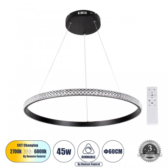 GloboStar® DIAMOND 61130 Κρεμαστό Φωτιστικό Δαχτυλίδι-Κύκλος LED CCT 45W 5230lm 360° AC 220-240V - Εναλλαγή Φωτισμού μέσω Τηλεχειριστηρίου All In One Ψυχρό 6000k+Φυσικό 4500k+Θερμό 2700k Dimmable Φ60cm - Μαύρο - 3 Years Warranty GloboStar® DIAMOND 61130 Κρεμαστό Φωτιστικό Δαχτυλίδι-Κύκλος LED CCT 45W 5230lm 360° AC 220-240V - Εναλλαγή Φωτισμού μέσω Τηλεχειριστηρίου All In One Ψυχρό 6000k+Φυσικό 4500k+Θερμό 2700k Dimmable Φ60cm - Μαύρο - 3 Years Warranty