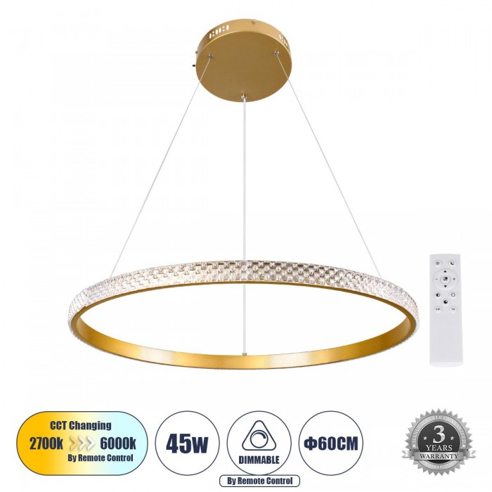 GloboStar® DIAMOND 61131 Κρεμαστό Φωτιστικό Δαχτυλίδι-Κύκλος LED CCT 45W 5230lm 360° AC 220-240V - Εναλλαγή Φωτισμού μέσω Τηλεχειριστηρίου All In One Ψυχρό 6000k+Φυσικό 4500k+Θερμό 2700k Dimmable Φ60cm - Χρυσό Βούρτσας - 3 Years Warranty GloboStar® DIAMOND 61131 Κρεμαστό Φωτιστικό Δαχτυλίδι-Κύκλος LED CCT 45W 5230lm 360° AC 220-240V - Εναλλαγή Φωτισμού μέσω Τηλεχειριστηρίου All In One Ψυχρό 6000k+Φυσικό 4500k+Θερμό 2700k Dimmable Φ60cm - Χρυσό Βούρτσας - 3 Years Warranty