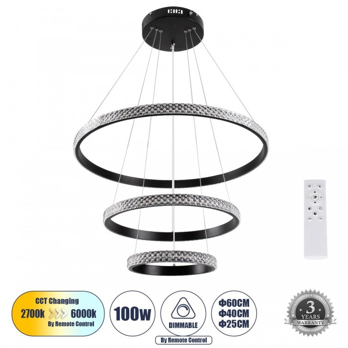 GloboStar® DIAMOND TRIO 61136 Κρεμαστό Φωτιστικό Δαχτυλίδι-Κύκλος LED CCT 100W 12123lm 360° AC 220-240V - Εναλλαγή Φωτισμού μέσω Τηλεχειριστηρίου All In One Ψυχρό 6000k+Φυσικό 4500k+Θερμό 2700k Dimmable Φ25+40+60cm - Μαύρο - 3 Years Warranty GloboStar® DIAMOND TRIO 61136 Κρεμαστό Φωτιστικό Δαχτυλίδι-Κύκλος LED CCT 100W 12123lm 360° AC 220-240V - Εναλλαγή Φωτισμού μέσω Τηλεχειριστηρίου All In One Ψυχρό 6000k+Φυσικό 4500k+Θερμό 2700k Dimmable Φ25+40+60cm - Μαύρο - 3 Years Warranty