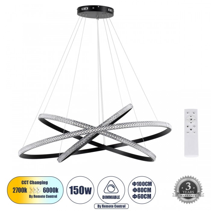 GloboStar® DIAMOND TRIO 61140-DECO Κρεμαστό Φωτιστικό Δαχτυλίδι-Κύκλος LED CCT 150W 18379lm 360° AC 220-240V - Εναλλαγή Φωτισμού μέσω Τηλεχειριστηρίου All In One Ψυχρό 6000k+Φυσικό 4500k+Θερμό 2700k Dimmable Φ60+80+100cm - Μαύρο - 3 Years Warranty