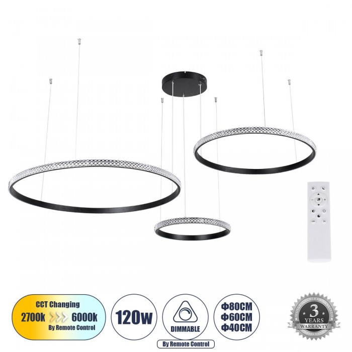 GloboStar® DIAMOND TRIO 61144 Κρεμαστό Φωτιστικό Δαχτυλίδι-Κύκλος LED CCT 120W 14723lm 360° AC 220-240V - Εναλλαγή Φωτισμού μέσω Τηλεχειριστηρίου All In One Ψυχρό 6000k+Φυσικό 4500k+Θερμό 2700k Dimmable Φ40+60+80cm - Μαύρο - 3 Years Warranty GloboStar® DIAMOND TRIO 61144 Κρεμαστό Φωτιστικό Δαχτυλίδι-Κύκλος LED CCT 120W 14723lm 360° AC 220-240V - Εναλλαγή Φωτισμού μέσω Τηλεχειριστηρίου All In One Ψυχρό 6000k+Φυσικό 4500k+Θερμό 2700k Dimmable Φ40+60+80cm - Μαύρο - 3 Years Warranty