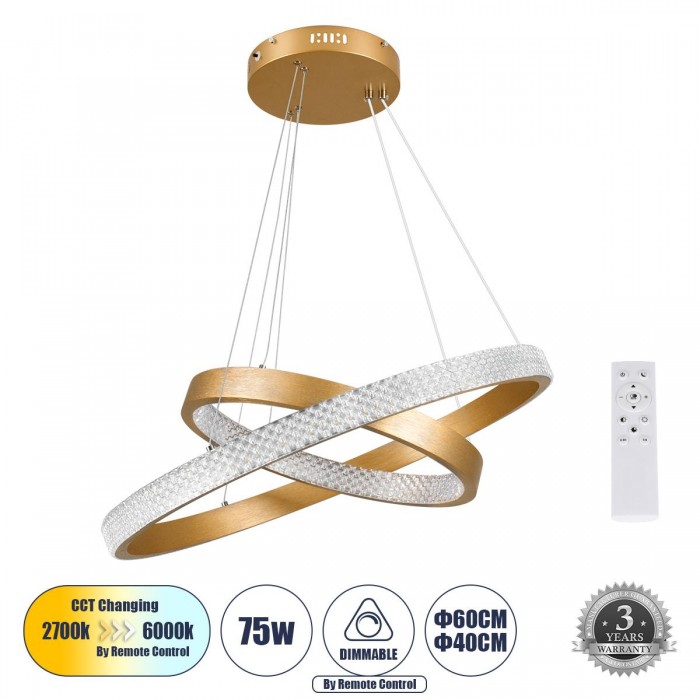 GloboStar® DIAMOND DUO 61151-DECO Κρεμαστό Φωτιστικό Δαχτυλίδι-Κύκλος LED CCT 75W 8743lm 360° AC 220-240V - Εναλλαγή Φωτισμού μέσω Τηλεχειριστηρίου All In One Ψυχρό 6000k+Φυσικό 4500k+Θερμό 2700k Dimmable Φ40+60cm - Χρυσό Βούρτσας - 3 Years Warranty GloboStar® DIAMOND DUO 61151-DECO Κρεμαστό Φωτιστικό Δαχτυλίδι-Κύκλος LED CCT 75W 8743lm 360° AC 220-240V - Εναλλαγή Φωτισμού μέσω Τηλεχειριστηρίου All In One Ψυχρό 6000k+Φυσικό 4500k+Θερμό 2700k Dimmable Φ40+60cm - Χρυσό Βούρτσας - 3 Years Warranty