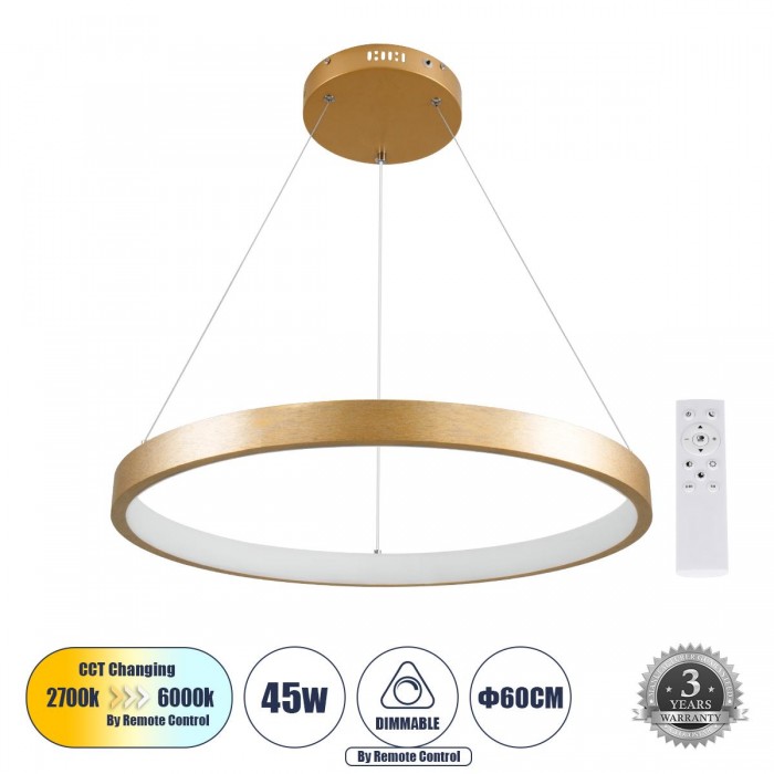 GloboStar® NEMESIS 61160 Κρεμαστό Φωτιστικό Δαχτυλίδι-Κύκλος LED CCT 45W 5230lm 360° AC 220-240V - Εναλλαγή Φωτισμού μέσω Τηλεχειριστηρίου All In One Ψυχρό 6000k+Φυσικό 4500k+Θερμό 2700k Dimmable Φ60cm - Χρυσό Βούρτσας - 3 Years Warranty GloboStar® NEMESIS 61160 Κρεμαστό Φωτιστικό Δαχτυλίδι-Κύκλος LED CCT 45W 5230lm 360° AC 220-240V - Εναλλαγή Φωτισμού μέσω Τηλεχειριστηρίου All In One Ψυχρό 6000k+Φυσικό 4500k+Θερμό 2700k Dimmable Φ60cm - Χρυσό Βούρτσας - 3 Years Warranty