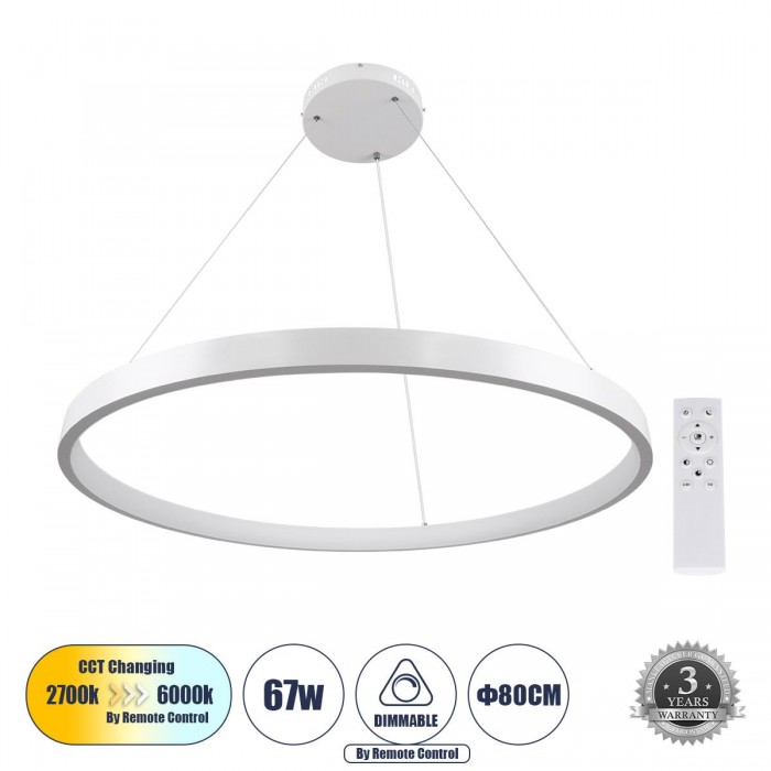 GloboStar® NEMESIS 61162 Κρεμαστό Φωτιστικό Δαχτυλίδι-Κύκλος LED CCT 67W 7689lm 360° AC 220-240V - Εναλλαγή Φωτισμού μέσω Τηλεχειριστηρίου All In One Ψυχρό 6000k+Φυσικό 4500k+Θερμό 2700k Dimmable Φ80cm - Λευκό - 3 Years Warranty GloboStar® NEMESIS 61162 Κρεμαστό Φωτιστικό Δαχτυλίδι-Κύκλος LED CCT 67W 7689lm 360° AC 220-240V - Εναλλαγή Φωτισμού μέσω Τηλεχειριστηρίου All In One Ψυχρό 6000k+Φυσικό 4500k+Θερμό 2700k Dimmable Φ80cm - Λευκό - 3 Years Warranty