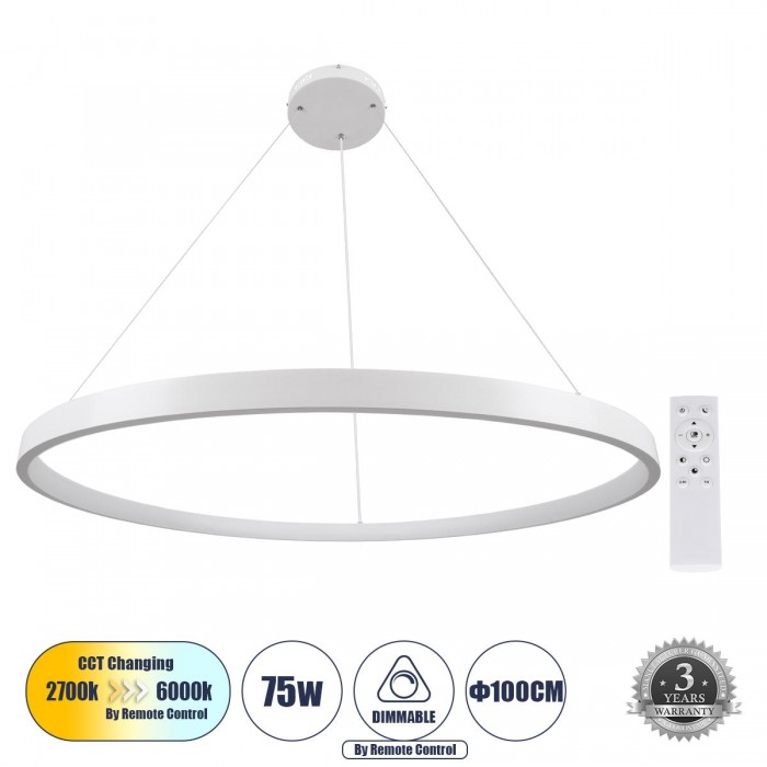 GloboStar® NEMESIS 61165 Κρεμαστό Φωτιστικό Δαχτυλίδι-Κύκλος LED CCT 75W 8743lm 360° AC 220-240V - Εναλλαγή Φωτισμού μέσω Τηλεχειριστηρίου All In One Ψυχρό 6000k+Φυσικό 4500k+Θερμό 2700k Dimmable Φ100cm - Λευκό - 3 Years Warranty GloboStar® NEMESIS 61165 Κρεμαστό Φωτιστικό Δαχτυλίδι-Κύκλος LED CCT 75W 8743lm 360° AC 220-240V - Εναλλαγή Φωτισμού μέσω Τηλεχειριστηρίου All In One Ψυχρό 6000k+Φυσικό 4500k+Θερμό 2700k Dimmable Φ100cm - Λευκό - 3 Years Warranty