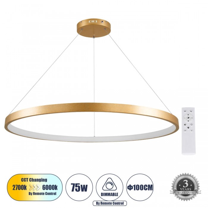 GloboStar® NEMESIS 61166 Κρεμαστό Φωτιστικό Δαχτυλίδι-Κύκλος LED CCT 75W 8743lm 360° AC 220-240V - Εναλλαγή Φωτισμού μέσω Τηλεχειριστηρίου All In One Ψυχρό 6000k+Φυσικό 4500k+Θερμό 2700k Dimmable Φ100cm - Χρυσό Βούρτσας - 3 Years Warranty GloboStar® NEMESIS 61166 Κρεμαστό Φωτιστικό Δαχτυλίδι-Κύκλος LED CCT 75W 8743lm 360° AC 220-240V - Εναλλαγή Φωτισμού μέσω Τηλεχειριστηρίου All In One Ψυχρό 6000k+Φυσικό 4500k+Θερμό 2700k Dimmable Φ100cm - Χρυσό Βούρτσας - 3 Years Warranty