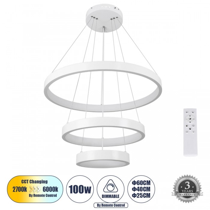 GloboStar® NEMESIS TRIO 61168 Κρεμαστό Φωτιστικό Δαχτυλίδι-Κύκλος LED CCT 100W 12123lm 360° AC 220-240V - Εναλλαγή Φωτισμού μέσω Τηλεχειριστηρίου All In One Ψυχρό 6000k+Φυσικό 4500k+Θερμό 2700k Dimmable Φ25+40+60cm - Λευκό - 3 Years Warranty GloboStar® NEMESIS TRIO 61168 Κρεμαστό Φωτιστικό Δαχτυλίδι-Κύκλος LED CCT 100W 12123lm 360° AC 220-240V - Εναλλαγή Φωτισμού μέσω Τηλεχειριστηρίου All In One Ψυχρό 6000k+Φυσικό 4500k+Θερμό 2700k Dimmable Φ25+40+60cm - Λευκό - 3 Years Warranty