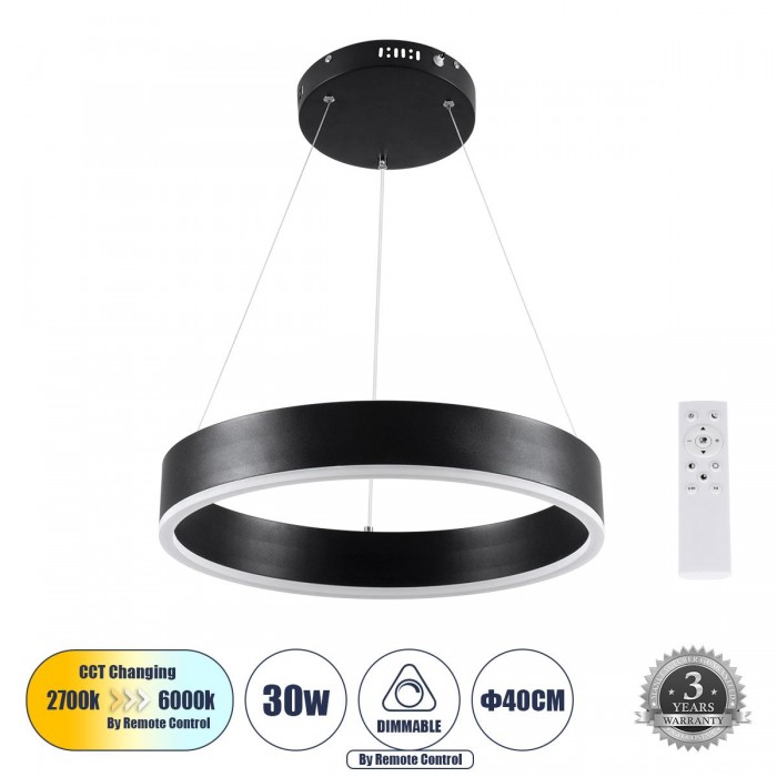 GloboStar® VENOM 61173 Κρεμαστό Φωτιστικό Δαχτυλίδι-Κύκλος LED CCT 30W 3513lm 120° AC 220-240V - Εναλλαγή Φωτισμού μέσω Τηλεχειριστηρίου All In One Ψυχρό 6000K+Φυσικό 4500K+Θερμό 2700K Dimmable Φ40cm - Μαύρο - 3 Years Warranty GloboStar® VENOM 61173 Κρεμαστό Φωτιστικό Δαχτυλίδι-Κύκλος LED CCT 30W 3513lm 120° AC 220-240V - Εναλλαγή Φωτισμού μέσω Τηλεχειριστηρίου All In One Ψυχρό 6000K+Φυσικό 4500K+Θερμό 2700K Dimmable Φ40cm - Μαύρο - 3 Years Warranty