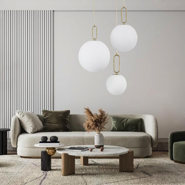 GloboStar® BELLISSIMO 61486 Μοντέρνο Κρεμαστό Φωτιστικό Μπάλα Μονόφωτο 1 x E27 IP20 Λευκό Γυαλί με Χρυσό Μέταλλο - Μ20 x Π20 x Υ42cm